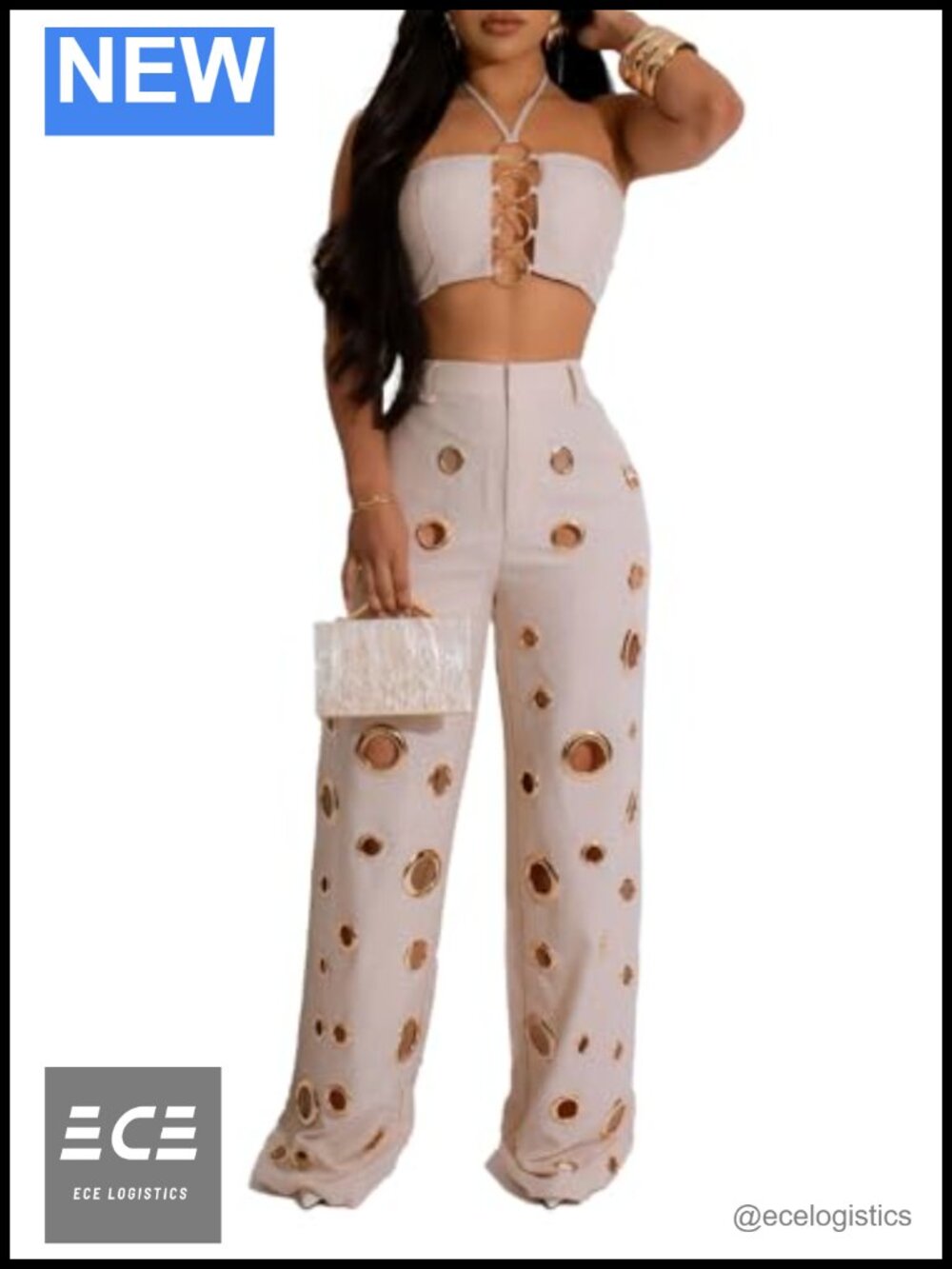 Women's Sexy Hollow Out 2 Piece Outfit Crop Top & Pants Set Bodycon